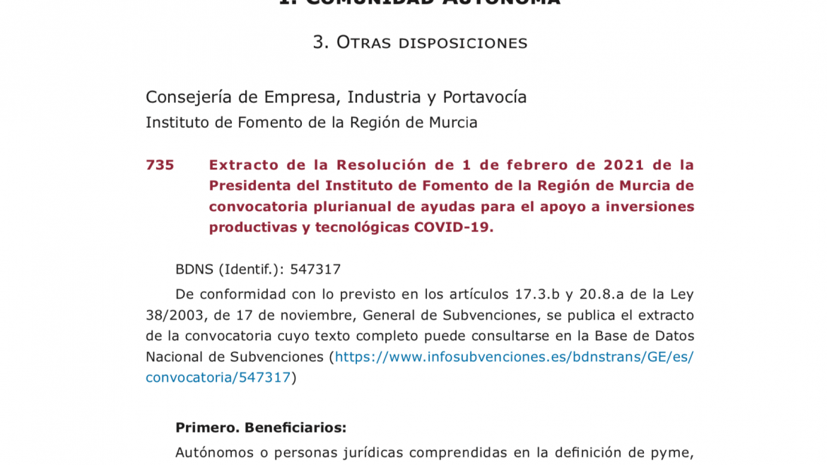 Convocatoria ayudas para el apoyo a inversiones productivas y tecnológicas COVID-19.